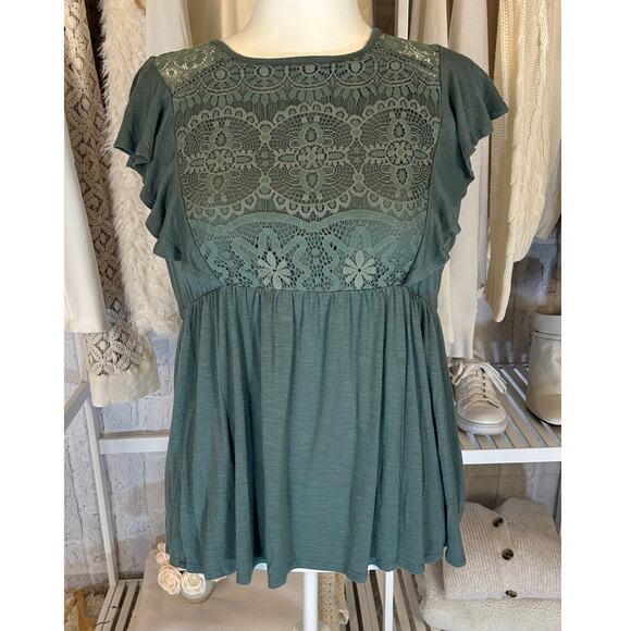 Rewind Women's Size 1X Sage Green Crochet Babydoll Blouse #0324 - Picture 1 of 8